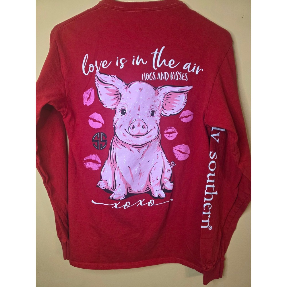 Simply Southern Womens Red Hogs and Kisses Pig Long Sleeve Graphic T-Shirt Small - Picture 2 of 5